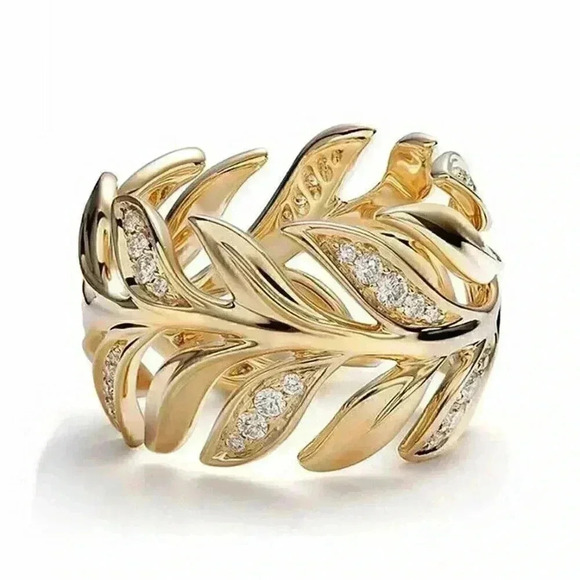 Gorgeous 18k Gold Over Sterling Silver Diamond Leaf Band - Picture 1 of 4